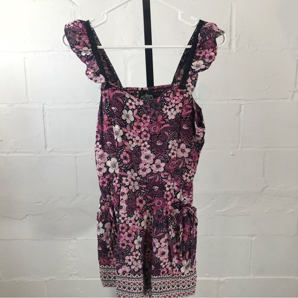 Angie Floral Romper Size L (juniors) Pink Black Cut Out Back